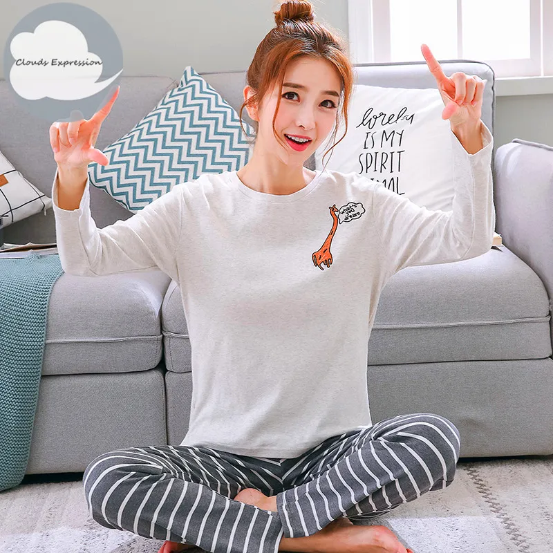 women pajama set Зимняя Пижама для отдыха и сна, топ с длинными рукавами+ длинные штаны, Женский пижамный комплект, мультяшная Пижама, Хлопковая пижама для женщин, Размеры M, L, XL, XXL, XXXL - Цвет: women pajama set