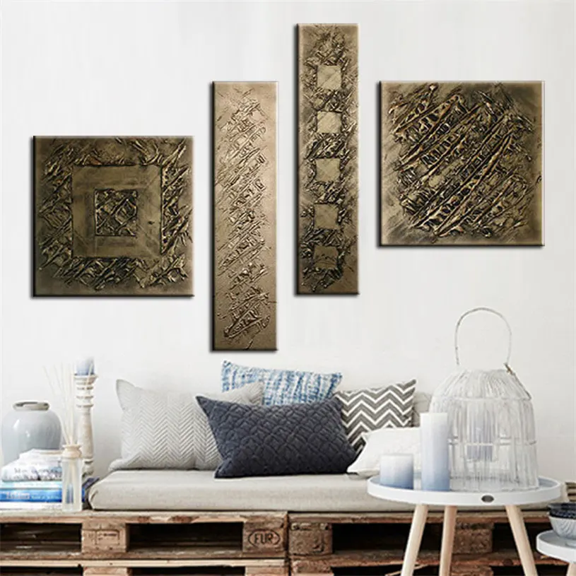 

handmade retro and nostalgic canvas wall art old bronze canvas painting thick textured 4 panels decorative modular pictures