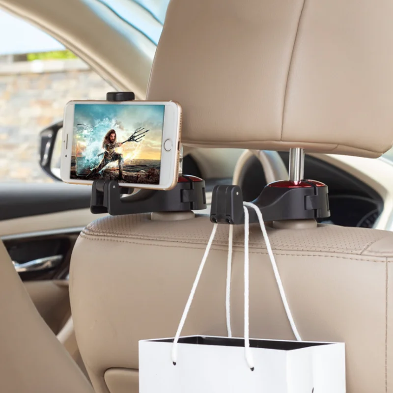 

2 in 1 Car Headrest Hidden Hook with Phone Holder Seat Back Hanger for Bag Handbag Purse Grocery Cloth Foldble Clips Organizer