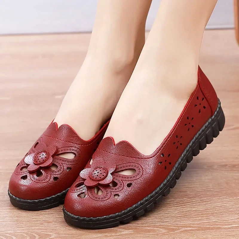 

Ballerina leather shoes women black cutouts breathable flats summer comfort moccasins woman flats