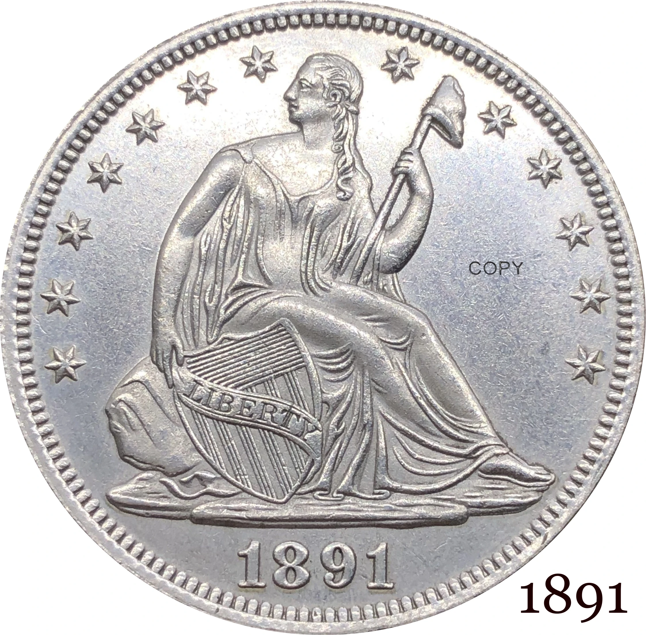 

Соединенные Штаты, США, 1891 долларов США, долларов США, свобода, половина доллара, кюпроникель, посеребренный, ниже Орел, копия, монета с девиз...