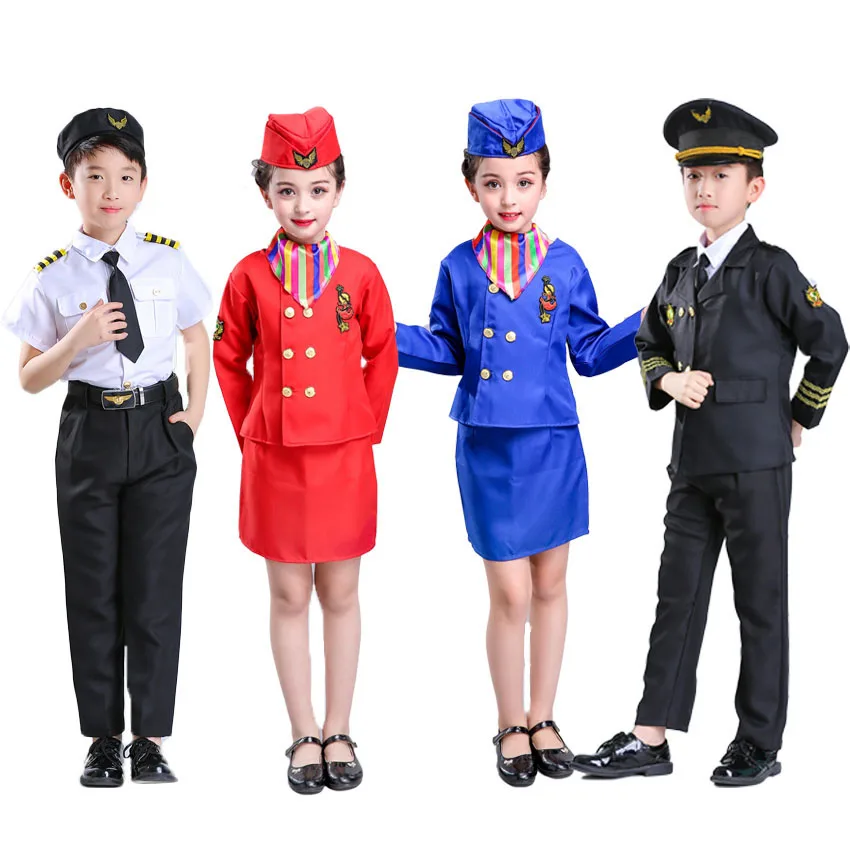 Uniforme de la Fuerza Aérea para niños, disfraces de azafata de 90-160cm para niñas, gorra de piloto de rendimiento de equipo, ropa de lujo