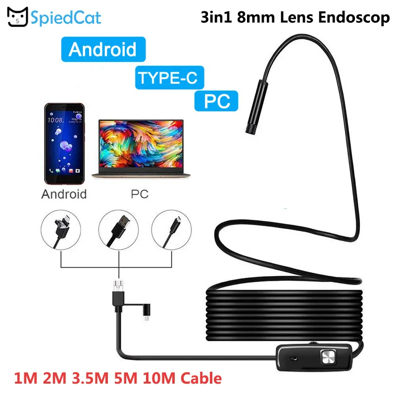 3в1 8 мм объектив Android PC Typec-C/USB эндоскоп камера 6Led освещение 1 м/2 м/3 5 м/5 м/10 м мягкий
