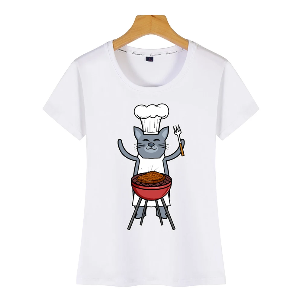 Топы футболки для женщин дизайнерские черные женские с принтом grillmaster cat lover |