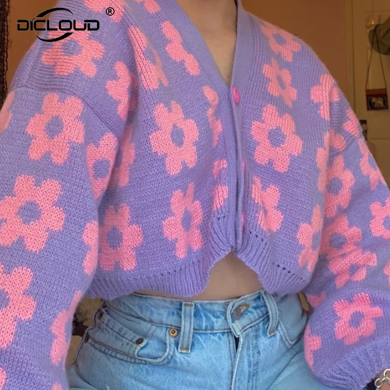 Женский винтажный кардиган с подсолнухами Укороченный в уличном стиле вязаная