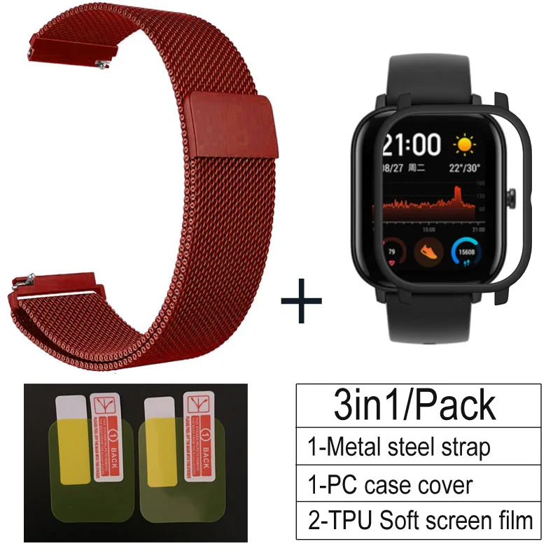red-black 3 в 1 Аксессуары для Amazfit GTS ремешок с чехол металлический Миланский Браслет для Huami Amazfit GTS Band Защитная пленка для экрана - Цвет: red-black