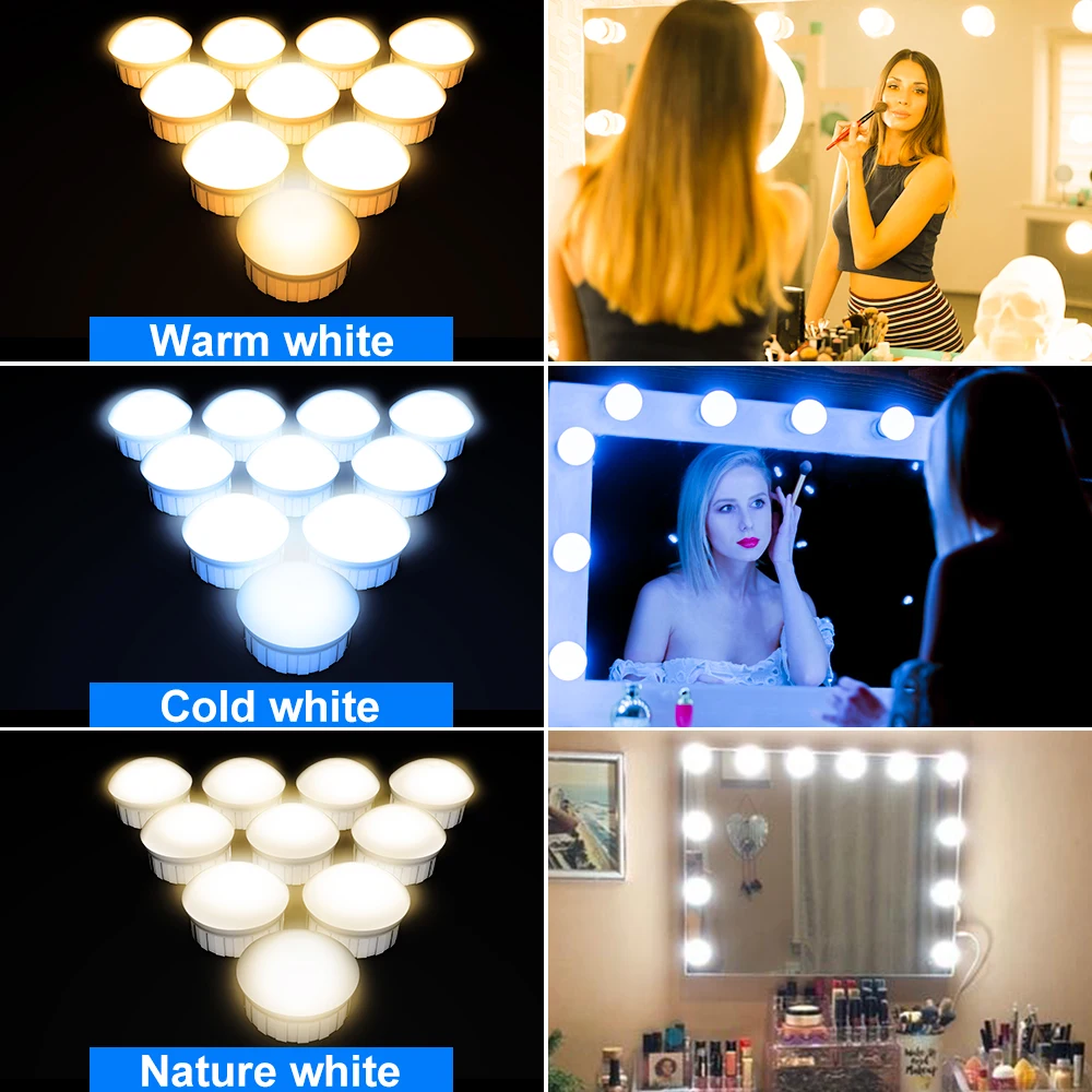 

LED 12V Cosmetic Light Dressing Room Beauty Makeup Lamp 3 Colors 2 6 10 14 Bulbs Dimmable Mirror Light USB Wall Lamp Hollywood