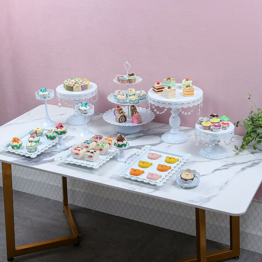 

12Pcs White Crystal Cake Display Stand, Wedding Party Iron Candy Fruit Plate Tray, Dessert Self-help Display Home Table Decor
