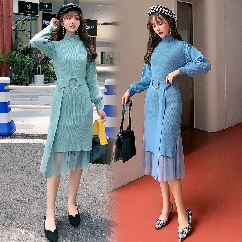 Женское трикотажное платье свитер однотонное Сетчатое составного кроя с высоким