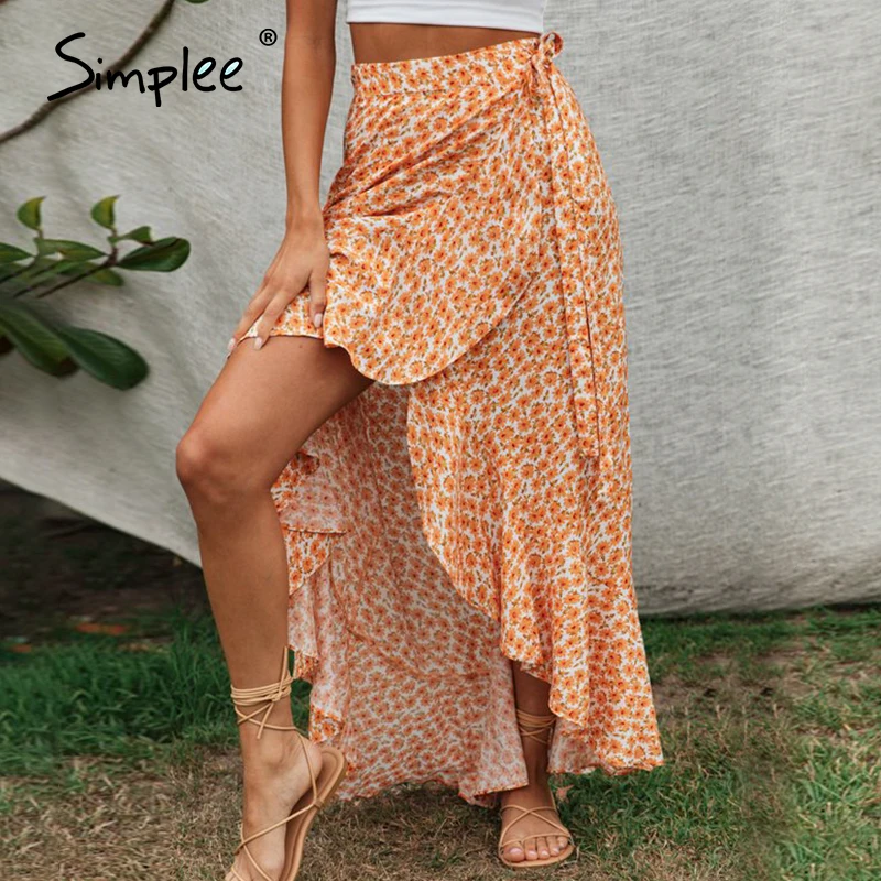 Simplee богемная Женская длинная юбка с цветочным принтом высокая талия шнуровка
