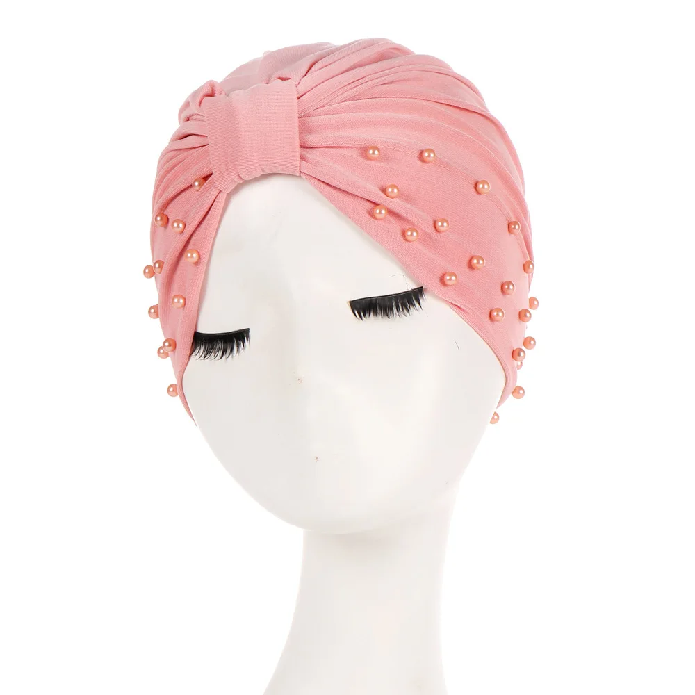 

Hot Pearl Hemp Beading India Hijab Turban Elastic Muslim Hat Chemo Cap Headwrap Solid Bandanas Knot Black Pink New Hat Headwear