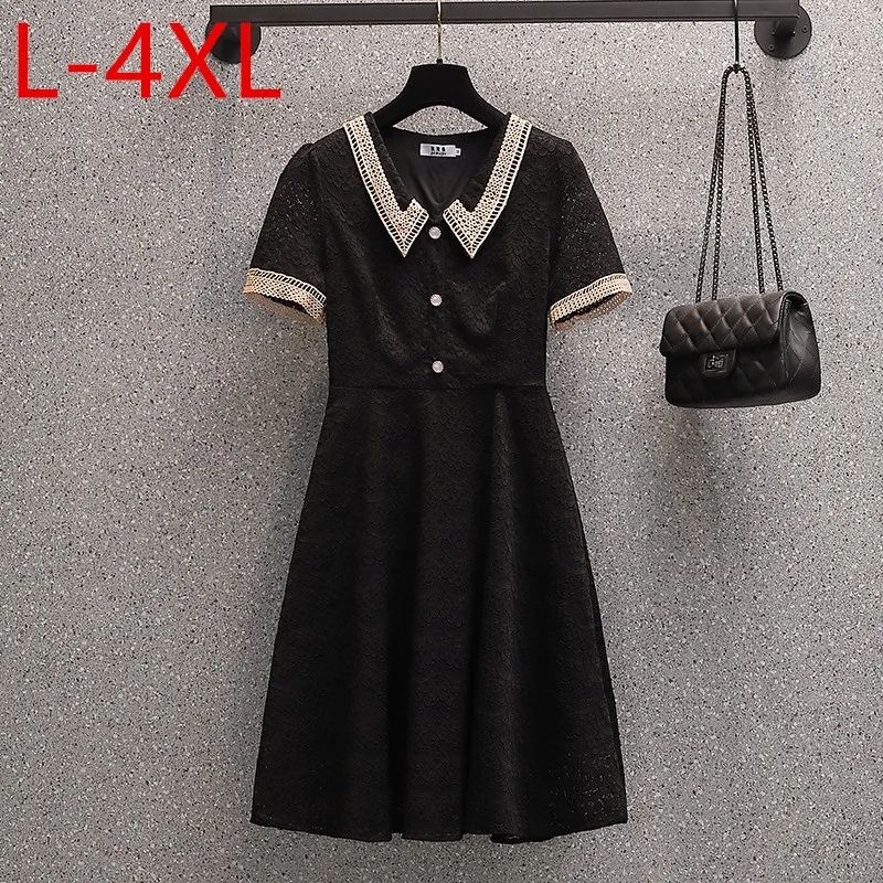 

L-4XL Plus Size 2021 Summer Lace Black Dress For Women Short Sleeve Turn-Down Collar Bright Line Decoration A-Line Midi Dresses