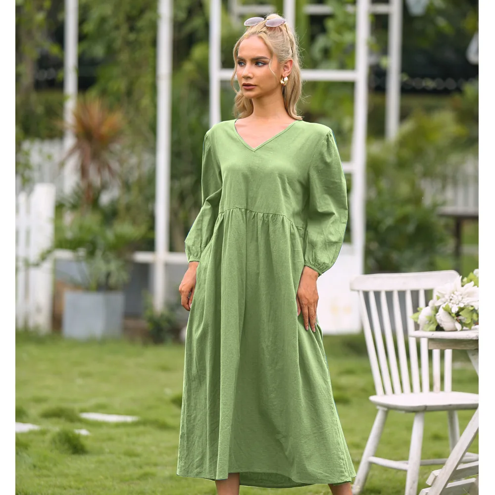 

Осеннее хлопковое платье для женщин 2021 сплошные швы большое свободное платье с V-образным вырезом и длинным рукавом повседневное свободное ...