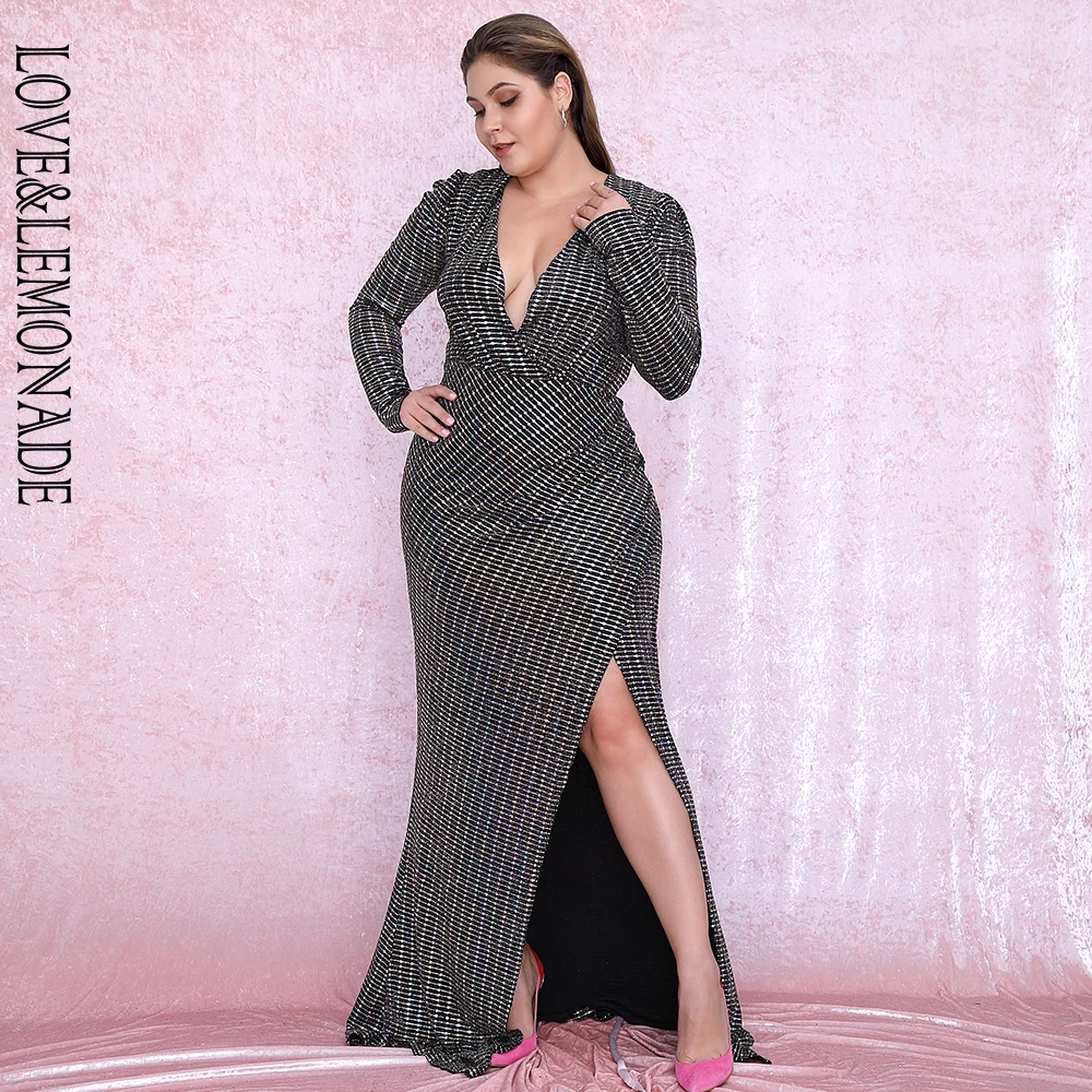 LOVE& LEMONADE размера плюс серебро глубокий v-образный вырез пышные рукава блеск эластичный материал Макси платье LM81715PLUS осень/зима