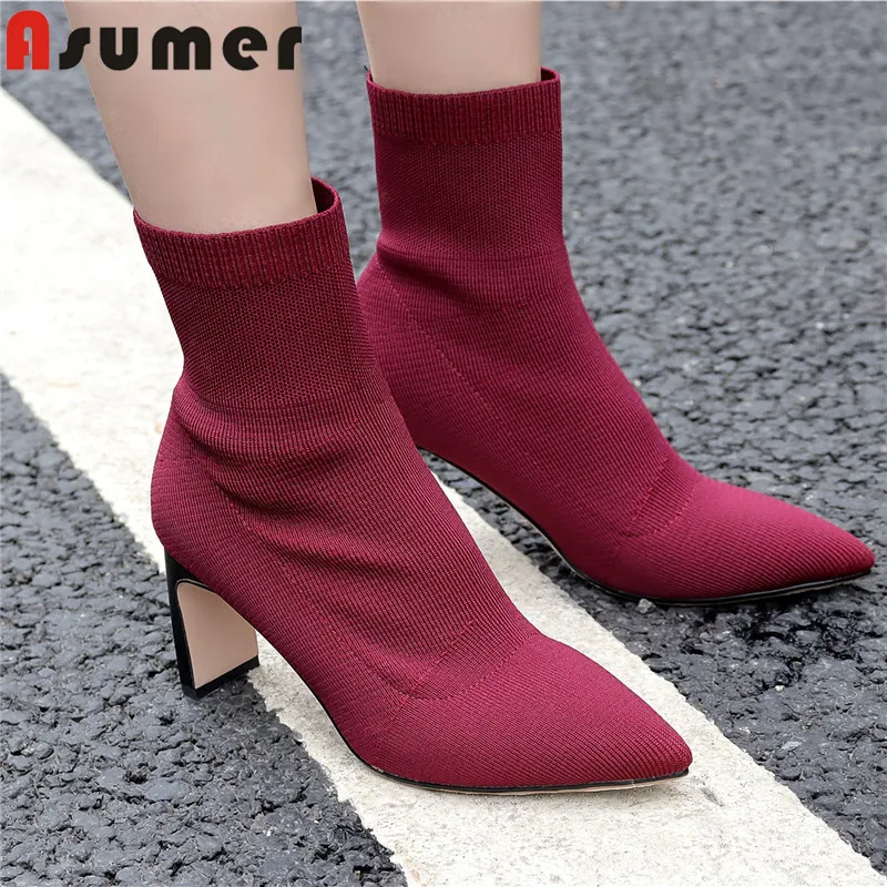 

ASUMER/2021; Лидер продаж; Модельные туфли на высоком квадратном каблуке; Женские ботильоны с острым носком; Сезон осень-зима; Женские вязаные эла...