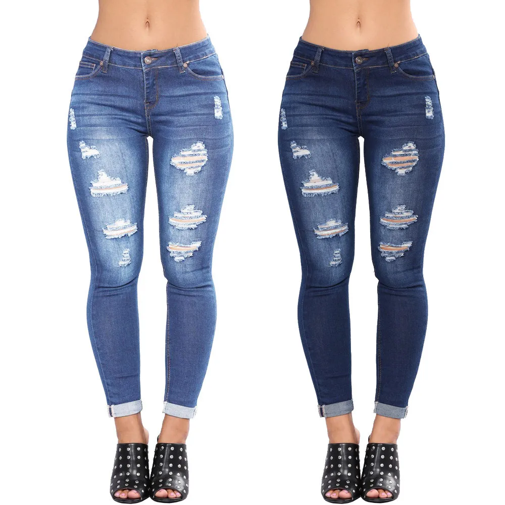 

2021 модные рваные джинсы, женские повседневные обтягивающие потертые джинсовые брюки-карандаш со средней талией, Стрейчевые длинные брюки д...