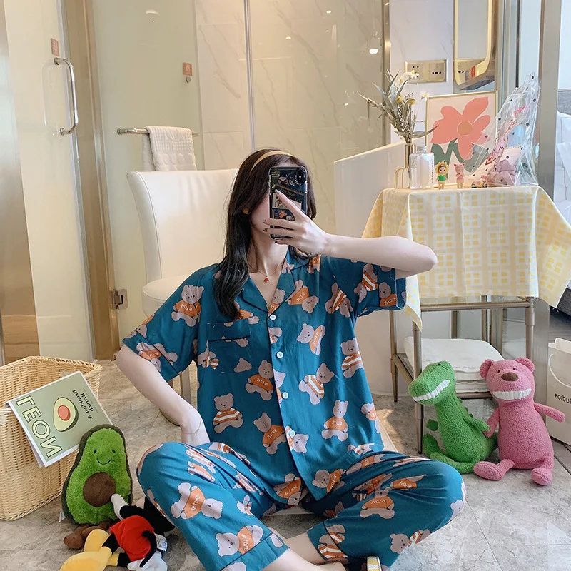 

Summer Cotton Silk Pajamas Women's Cute Short-Sleeved Nightie Comfortable Thin Print Sleepwear Lady Spring/Fall Casual Homewear
