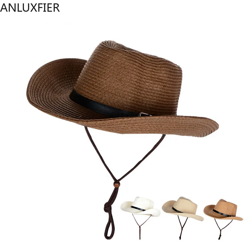 

B-8049 New Male Fedora Straw Hat UV Protection Summer Sun Hats Man's Handmade Raffia Straw Trilby Cap Beach Holiday Travel Hat