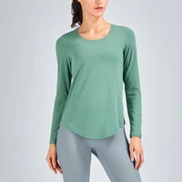 solid color soft round neck women fitness long sleeve yoga shirt slim sports top t shirt breathable quick dry gym clothe female