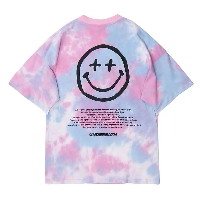 

Smiley Face Print Short Sleeve T-shirt Men's Street Hip Hop Loose Couple Tshirts Man Summer Fashion Tops Tees Women Chic Cotta