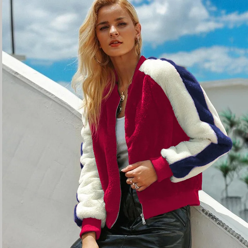 

Autumn Winter Patchwork Plush Jacket Women Warm Long Sleeve Thicken Teddy Jacket Outerwear Overcoat Casual Streetwer Clothing