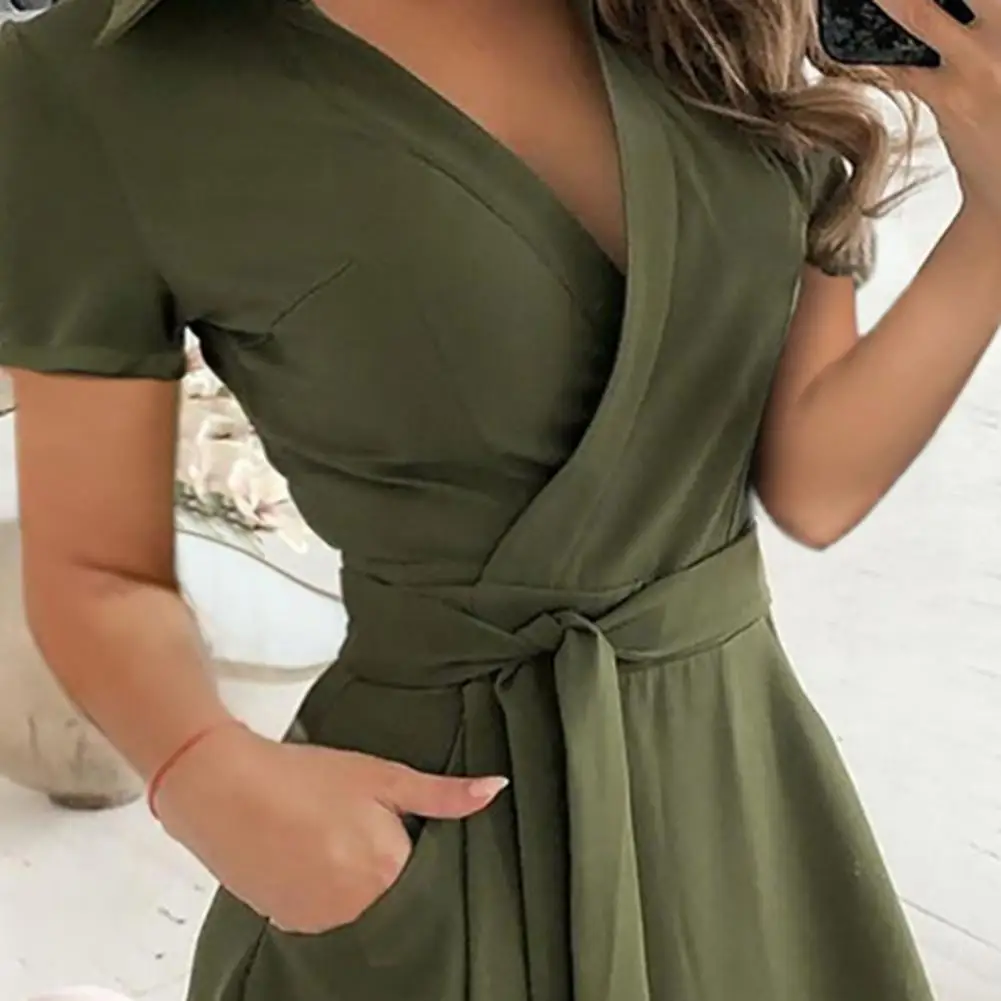 

Summer Women Dress V-neck Solid Color Short Sleeve Belt Long A-line Plus size Dress VintageSummer Party ropa mujer