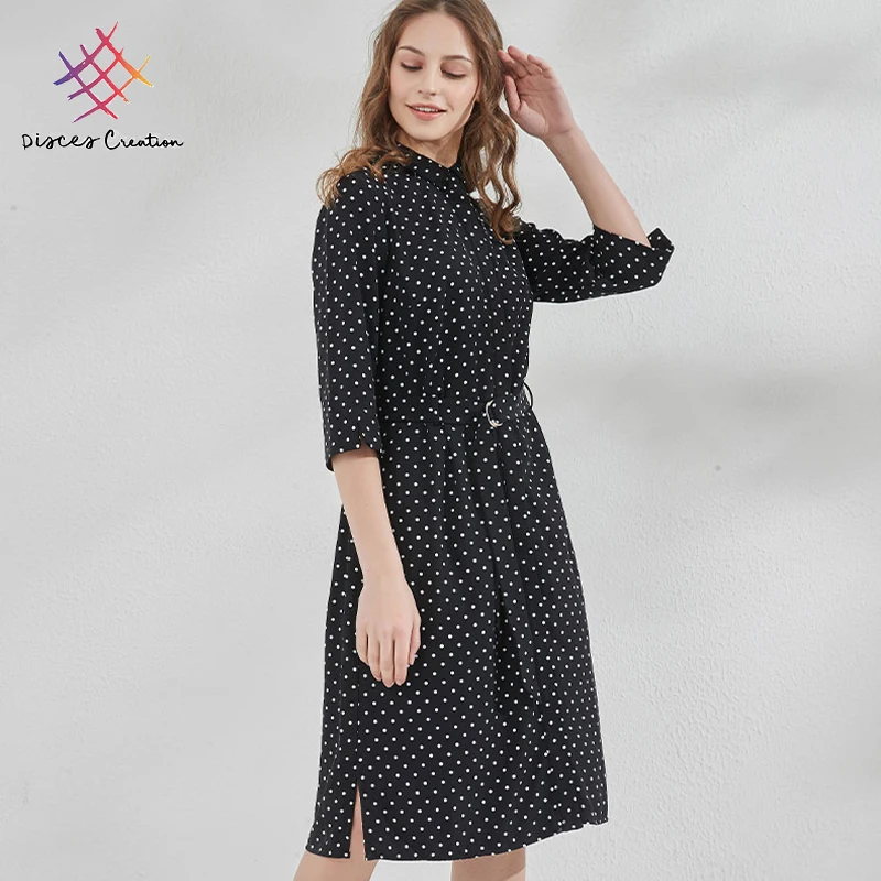 

2021 Summer Women's Black Polka Dot Spotted Shirt Dress Casual Knee-length Five-point Sleeve Lapel Dress Summer Daily Clothes