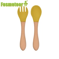 fosmeteor 2pcs baby bamboo fork silicone wooden feeding spoon toddlers infant feeding accessories organic bpa free food grade