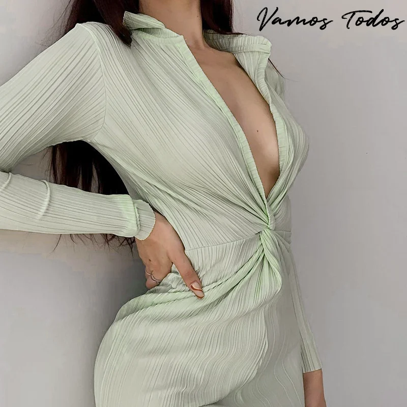 

Vamos Todos 2021 Summer Sexy Low Cut Dresses For Women Pleated Long Sleeve Turn Down Collar Bodycon Dress Short Vestido Feminino