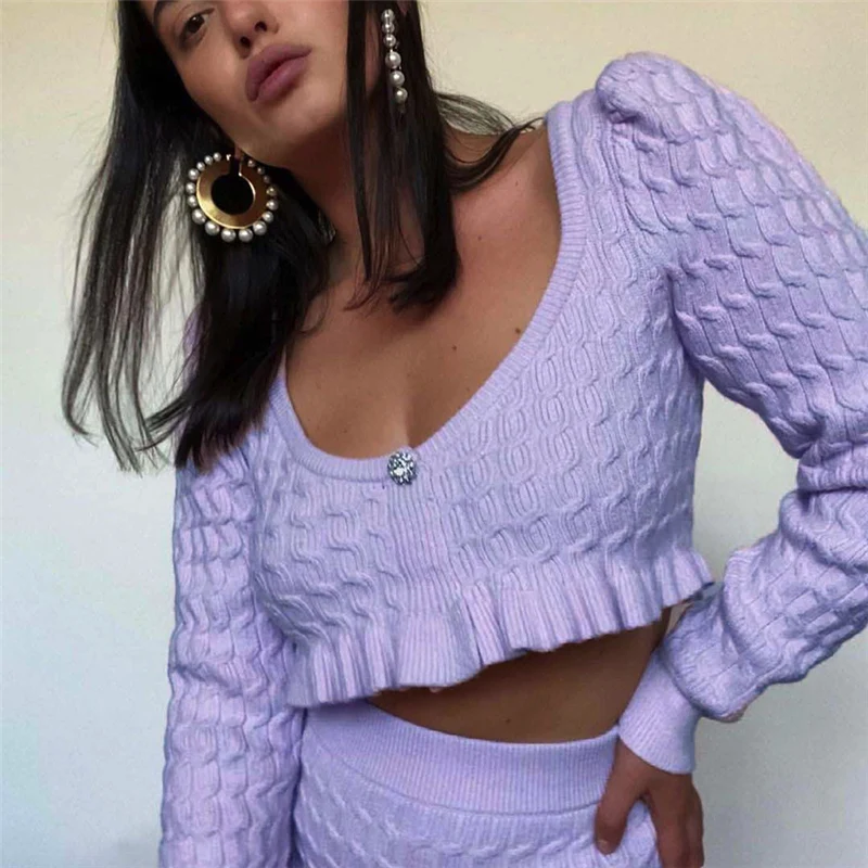 

Женский однотонный Укороченный трикотажный свитер с оборками, милый осенний Повседневный теплый вязаный свитер свободного кроя с длинным ...