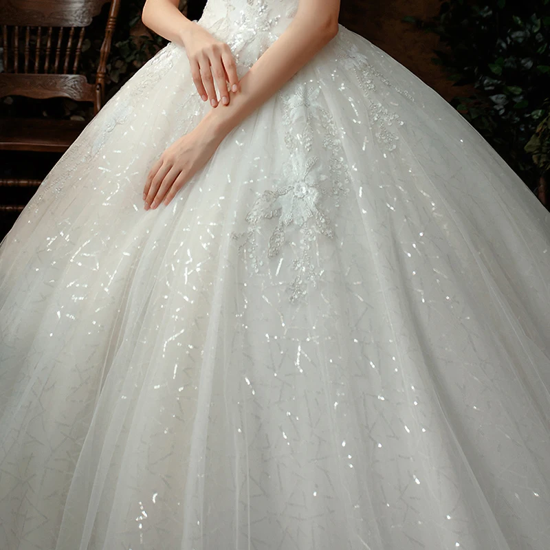 

White Wedding Dress V-Neck Embroidery Short Sleeves Simple Beading Sequins Luxurious New Lace up Long Women Bride Dresses B034