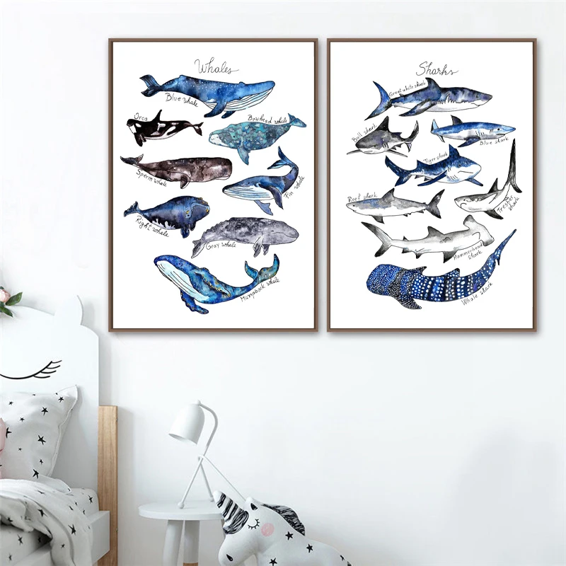 

Whale Print Nursery Wall Art Shark Poster Beach Nautical Wall Picture Decor Retro poster kraft paper