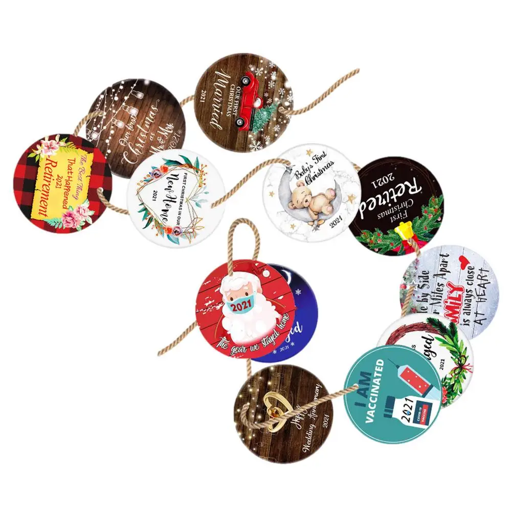 

12Pcs Christmas Wooden Ornament Round Shape Creative Christmas Tree Pendant Xmas Home Hanging Decoration For Holiday Party Decor