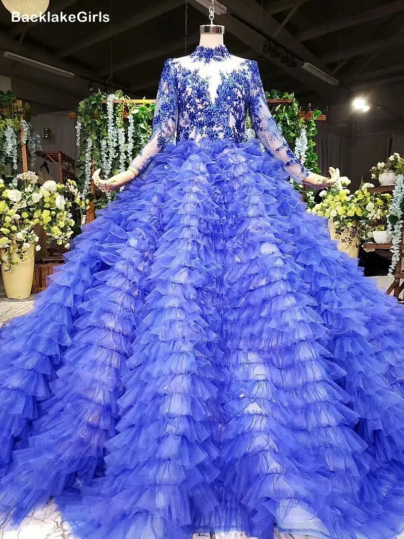 Королевское синее вечернее платье больших размеров длинное фатиновое с рюшами