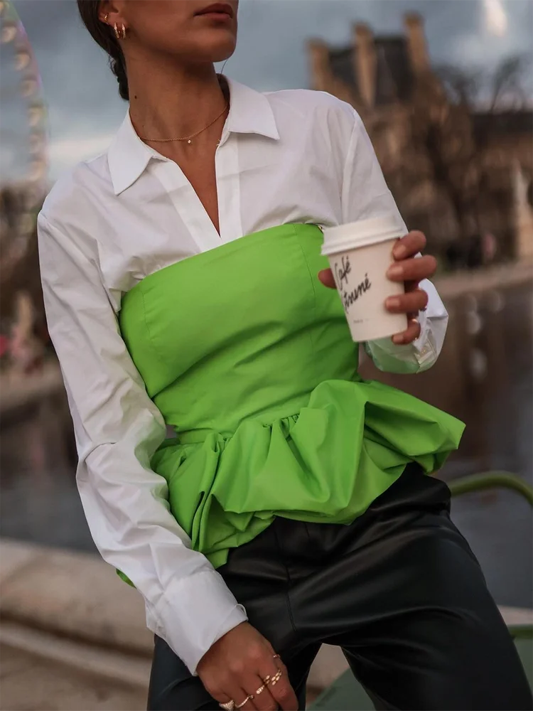 

XEASY Women Green Sexy Petal Shirts Elegant Female 2022 New Fashion High Street Sleeveless Top Ladies Chic Slim Zippers Tops
