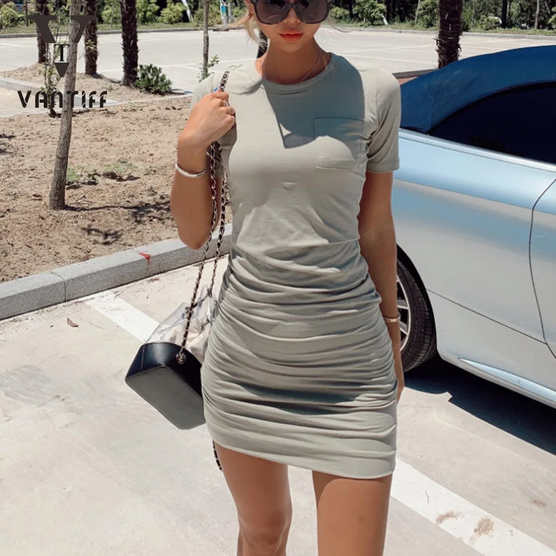 

Fashion Bodycon Women Dress Autumn New Solid-color Slim Dress Female Skirts Sexy Round-neck Pleated Bag Hip Skirt for Girl