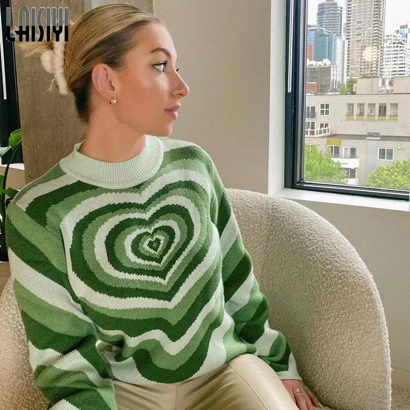 

Свободные зеленые Полосатые свитера Y2K, милые зимние вязаные теплые пуловеры с круглым вырезом, укороченный топ, джемперы, осень 2021, вязаная ...