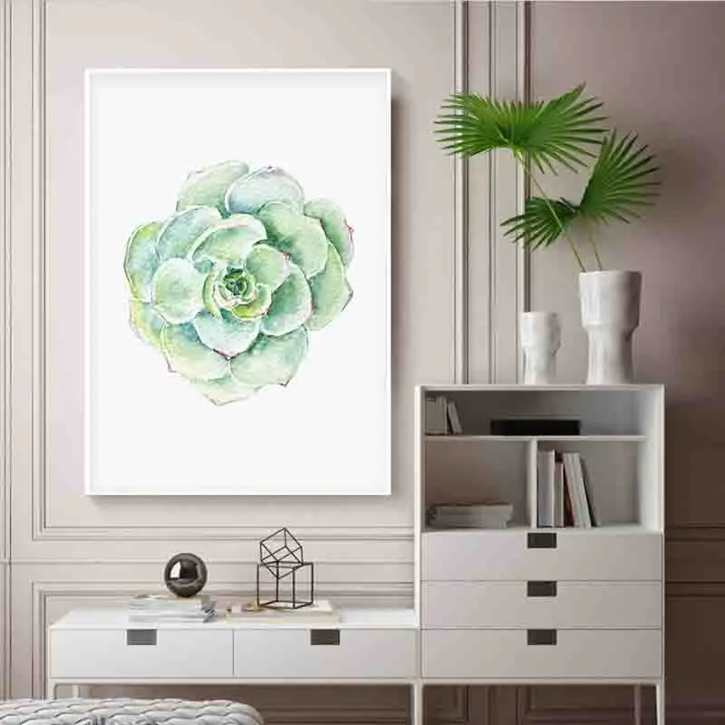 Акварельный зеленый Растительный постер кактус суккулентный холст в рамке и