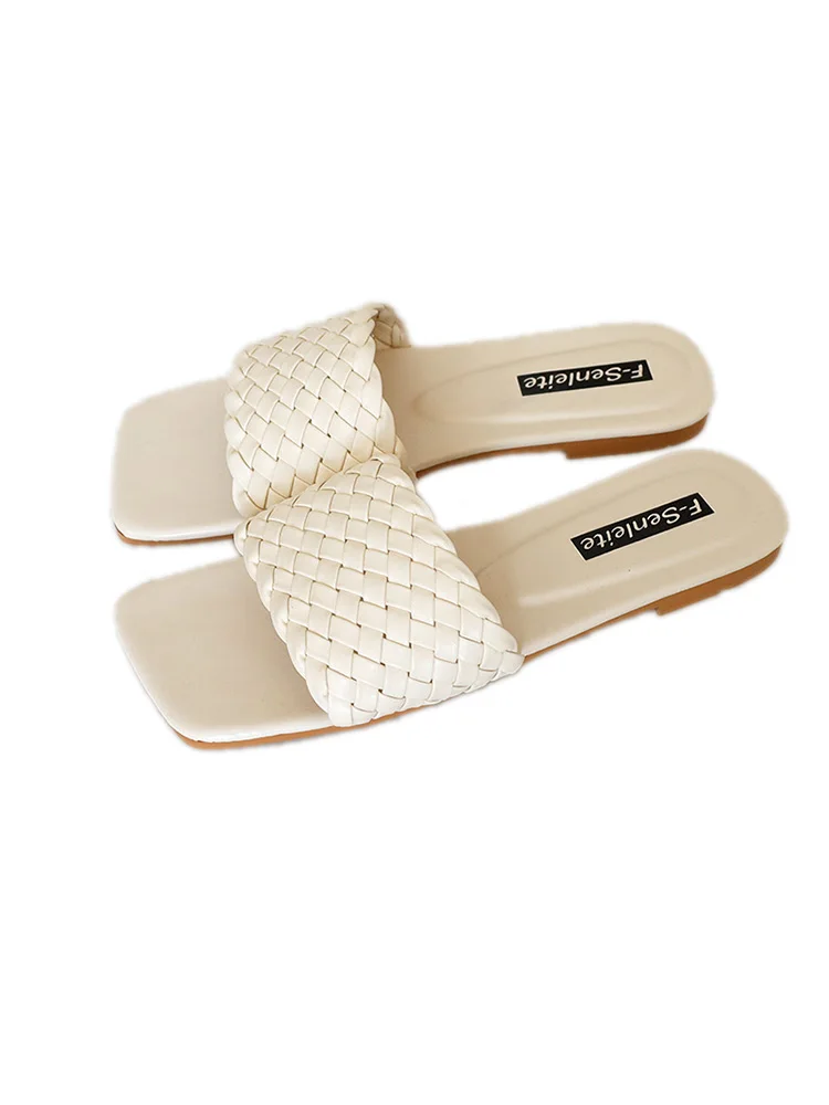 

Shoes Women Slippers Flat Luxury Slides Square Toe Pantofle Shale Female Beach Soft Designer 2021 Sabot Summer Fabric Rome Fash