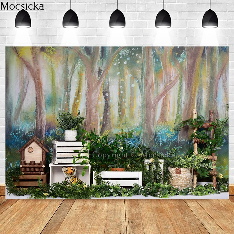 

Mocsicka Tropical Jungle Photography Background Tiger Wooden Box Decoration Studio Props Child Portrait Photo Backdrop Banner