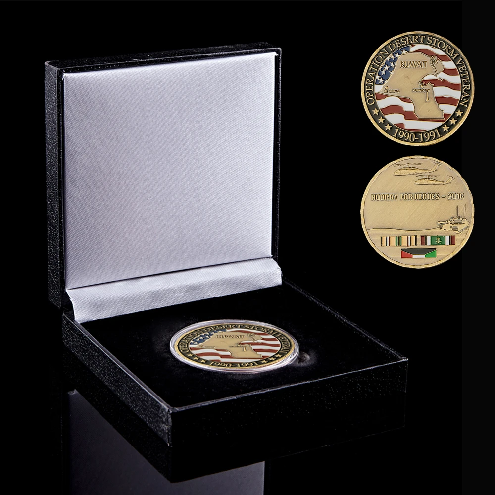 

1990-1991 USA Challenge Coin Middle East Operation Desert Storm Veteran Hooray For Heroes Liberty Freedom Coin Box Display