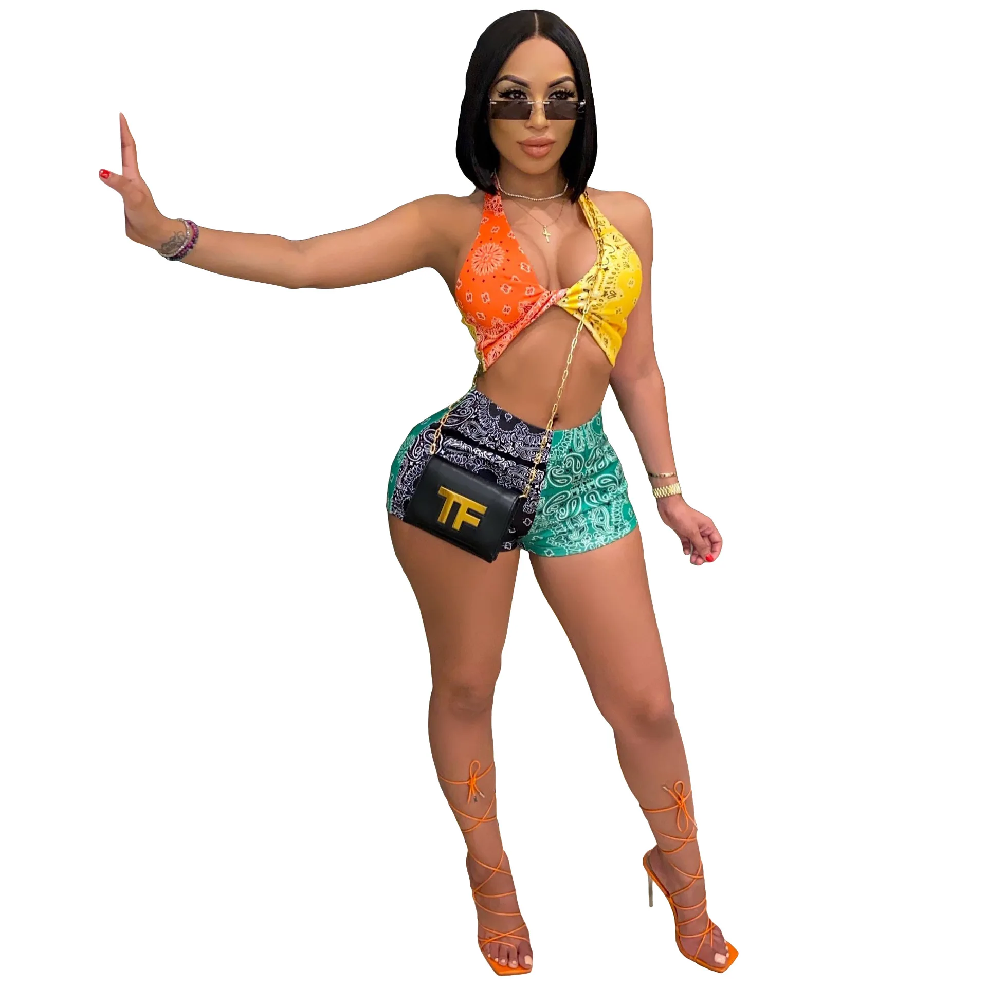 

Women's Summer Suit European and American Fashion Sexy Multicolor Printing Stitching Suit Women's Shorts