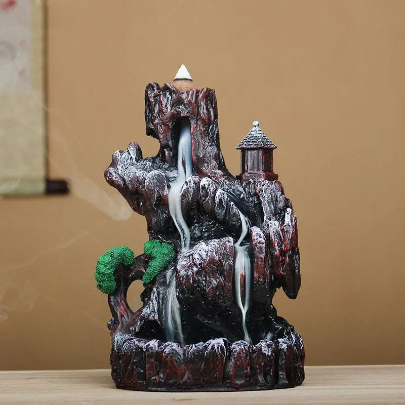 

Mountains River Waterfall Zen Incense Burner Holder + 20 Pc Cones Fountain Backflow Aroma Smoke Censer Office Home Unique Crafts