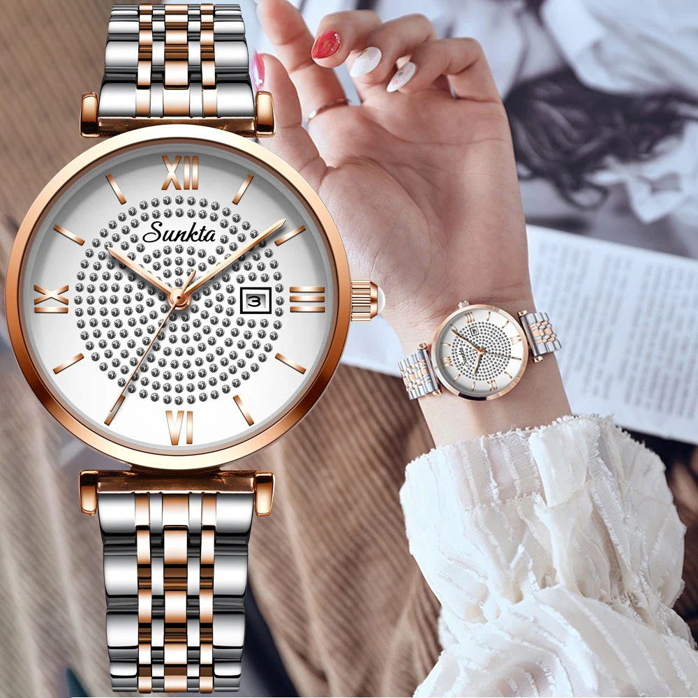 

SUNKTA 2020 Women Watches Luxury Brand Bracelet Gold Watch Women Stainless Steel Creative Quartz Wrist Watches Clock female Gift