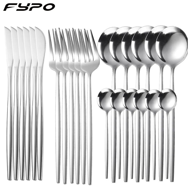

Fypo 24 шт. Комплект посуды набор столовых приборов из нержавеющей стали, зеркальная полированная посуда для кухни, вилка, нож, ложка, набор на 6 ...
