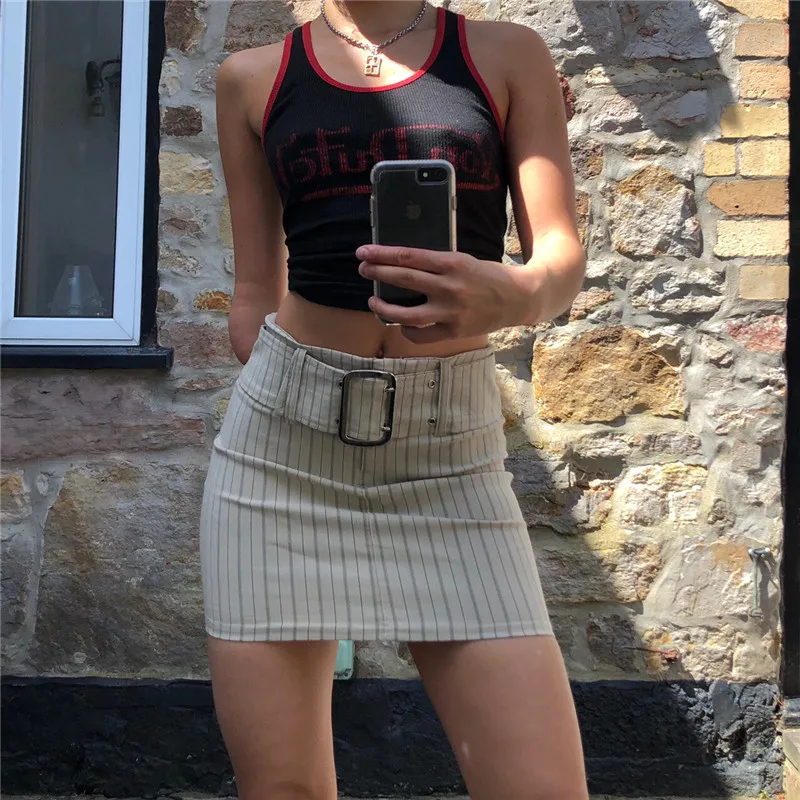 

Hirigin Fairycore E Girl Micro Mini Skirt Fashion Harajuku High Waist Bodycon Skirt with Belt Korean Style Striped Hip Skirts