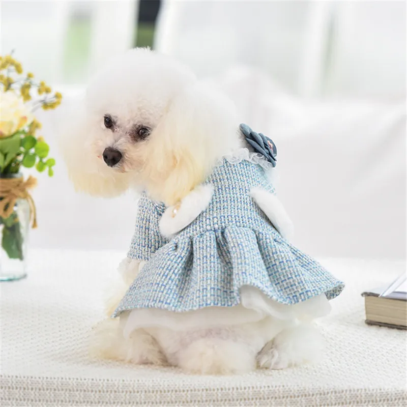 New Pet Dog Clothes Autumn and Winter New Teddy Small Dog Cat Warm Princess Dress Thickened Party Costume Dog Coat - Цвет: Синий
