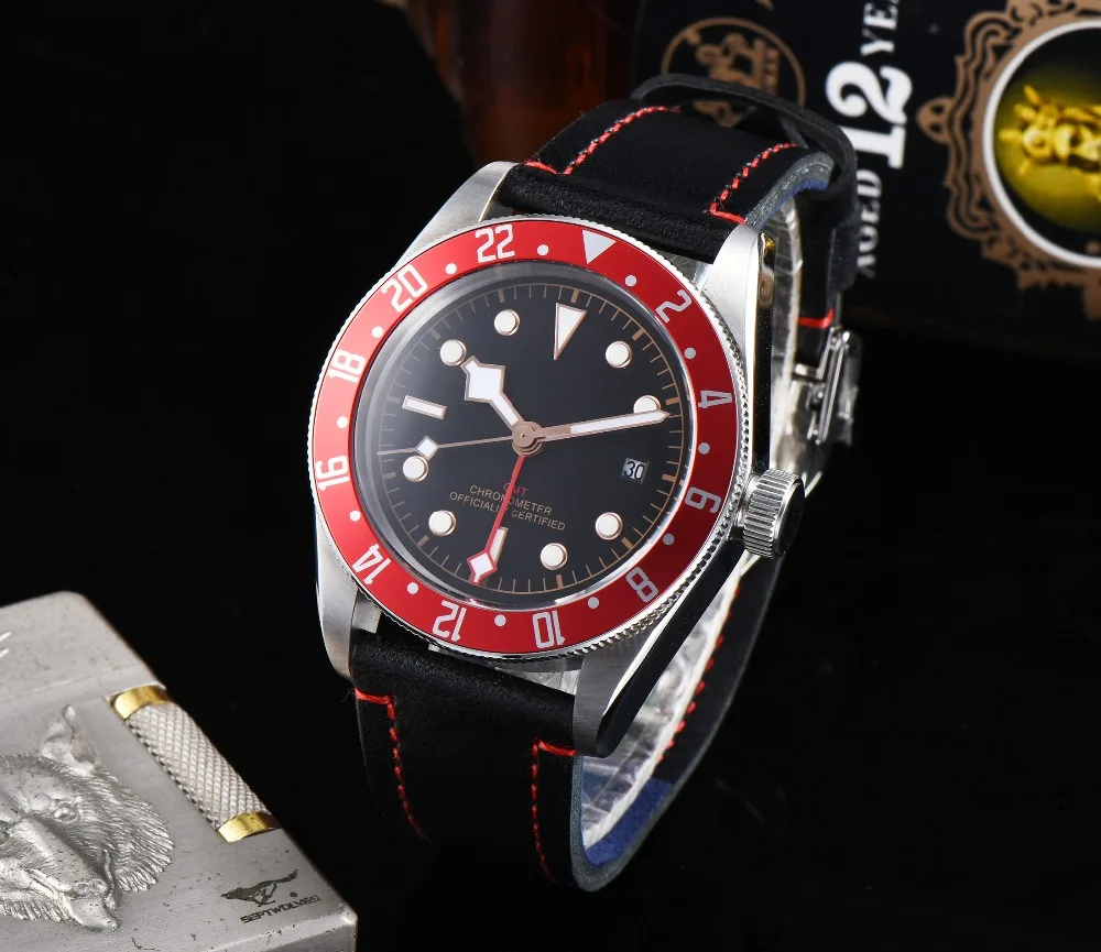 Corgeut 41 мм стерильные GMT часы черный циферблат Bay красный ободок окно даты автоматические мужские часы