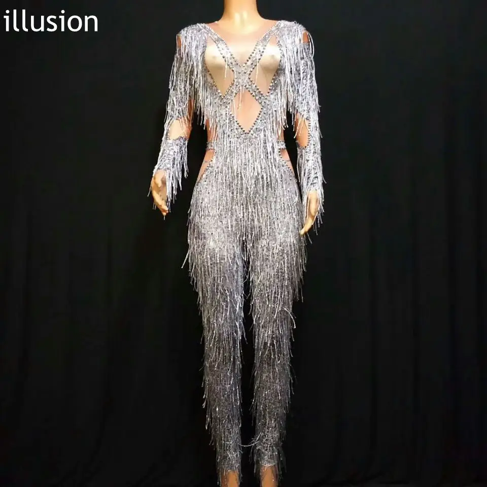 Новинка 2019 женский комбинезон с кисточками блестящая танцевальная одежда стразы