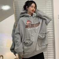 autumn winter women warm sweater korean style clothing harajuku vintage letters plus velet hooded sweatshirt female loose hoodie